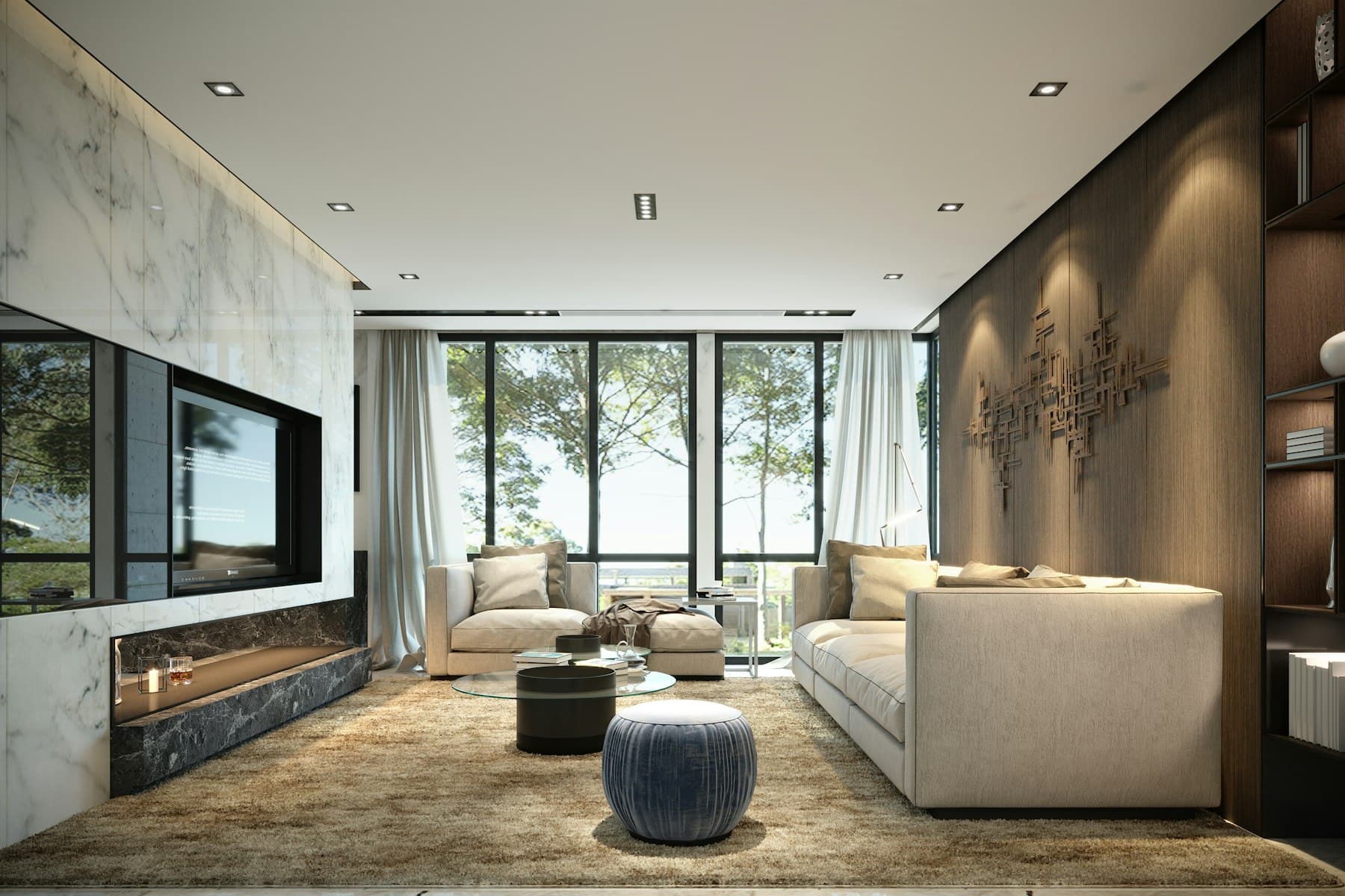 Bright living room with floor-to-ceiling windows